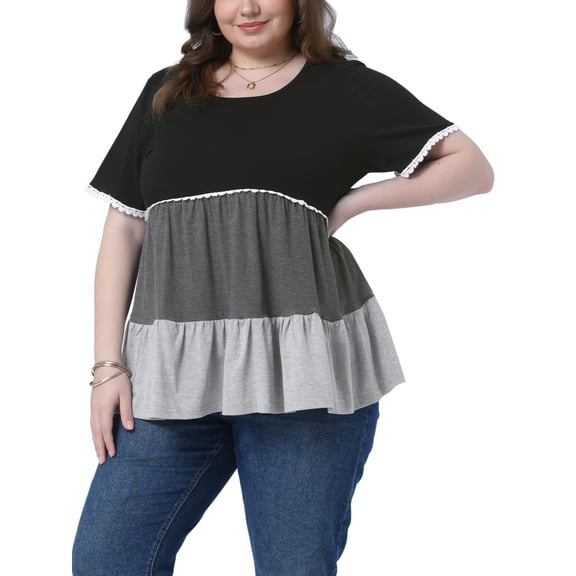 Agnes Orinda Women's Plus Size Babydoll Ruffle Tops Lace Trim Tiered Crew Neck Short Sleeve Casual Flowy Blouses 3X Black