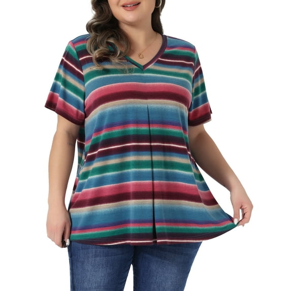 Agnes Orinda Women's Plus Size Babydoll Top V Neck Short Sleeve Multi-Color Striped Summer Casual Blouse 1X Rainbow