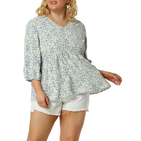 Agnes Orinda Women's Plus Size Babydoll Tops V Neck Floral Lantern 3/4 Sleeve Shirts Peplum Blouses 1X Lavender