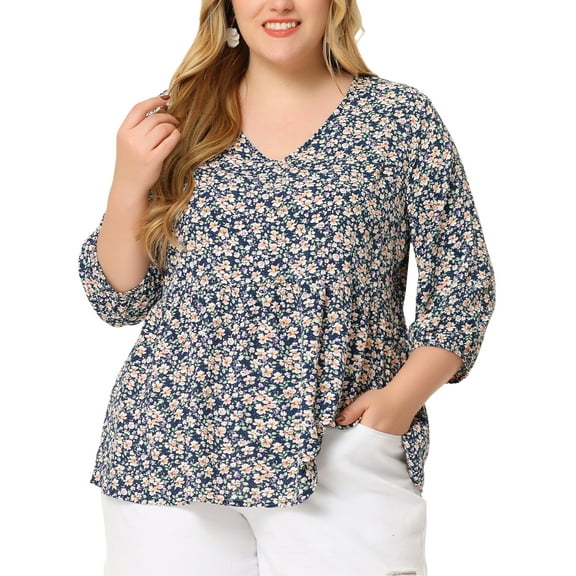 Agnes Orinda Women's Plus Size Babydoll Tops V Neck Floral Lantern 3/4 Sleeve Shirts Peplum Blouses 1X Navy Blue