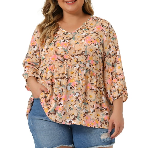 Agnes Orinda Women's Plus Size Babydoll Tops V Neck Floral Lantern 3/4 Sleeve Shirts Peplum Blouses 2X Dark Pink