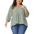 thumbnail image 1 of Agnes Orinda Women's Plus Size Babydoll Tops V Neck Floral Lantern 3/4 Sleeve Shirts Peplum Blouses 2X Green, 1 of 6
