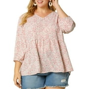 Agnes Orinda Women's Plus Size Babydoll Tops V Neck 3/4 Lantern Sleeves Floral Shirts Peplum Blouses 2X Pink