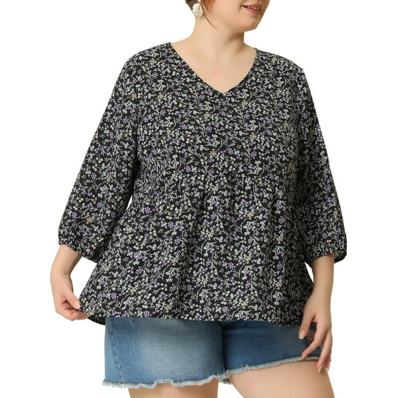 Agnes Orinda Women's Plus Size Babydoll Tops V Neck Floral Lantern 3/4 Sleeve Shirts Peplum Blouses 3X Black