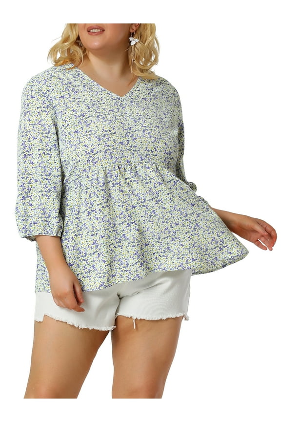 Women's Plus Size Babydoll Tops V Neck Floral Lantern 3/4 Sleeve Shirts Peplum Blouses 3X Lavender