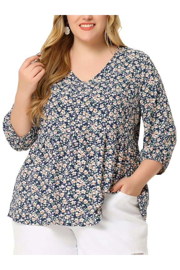 Women's Plus Size Babydoll Tops V Neck Floral Lantern 3/4 Sleeve Shirts Peplum Blouses 3X Navy Blue