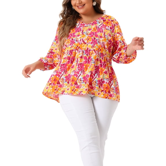Agnes Orinda Women's Plus Size Babydoll Tops V Neck 3/4 Lantern Sleeves Floral Shirts Peplum Blouses 3X Orange Pink