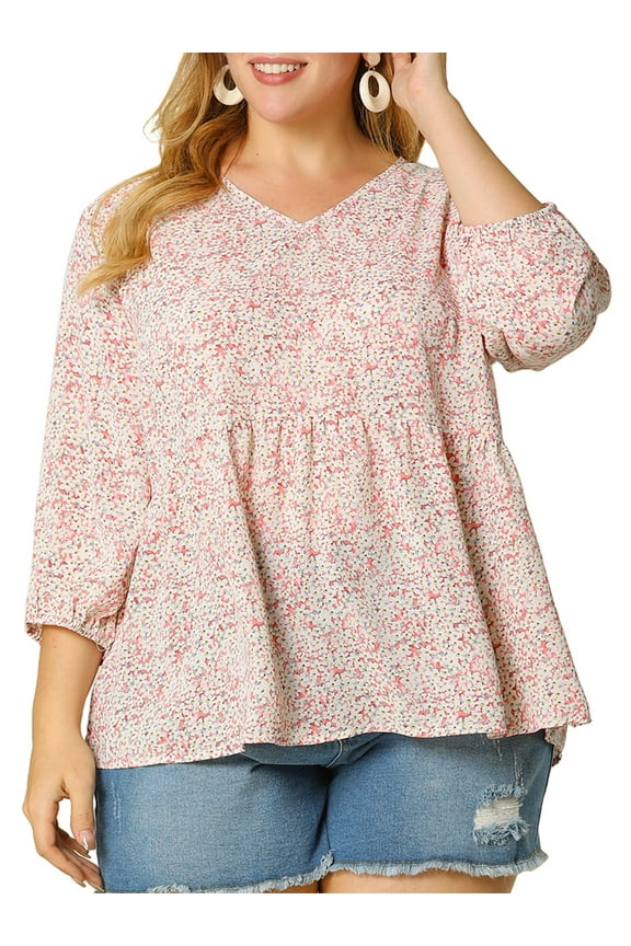 Women's Plus Size Easter Babydoll Tops V Neck Floral Lantern 3/4 Sleeve Shirts Peplum Blouses 3X Pink