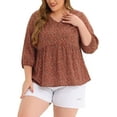 thumbnail image 1 of Agnes Orinda Women's Plus Size Babydoll Tops V Neck Floral Lantern 3/4 Sleeve Shirts Peplum Blouses 3X Red Brown, 1 of 6