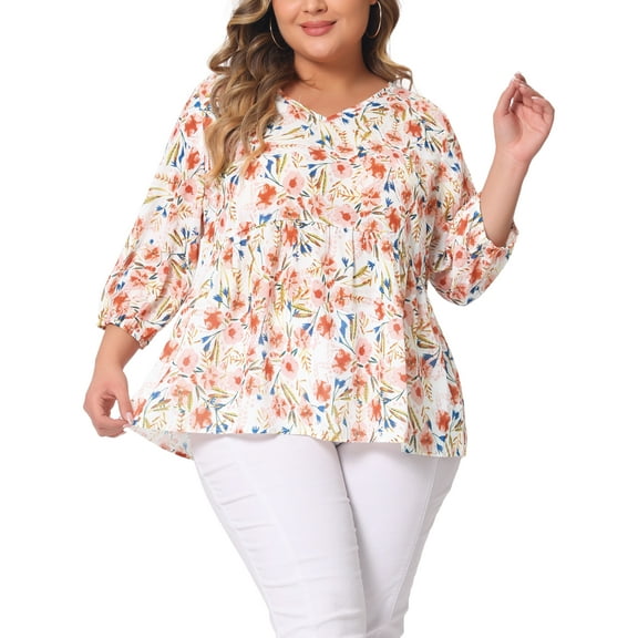 Agnes Orinda Women's Plus Size Babydoll Tops V Neck Floral Lantern 3/4 Sleeve Shirts Peplum Blouses 3X White Pink