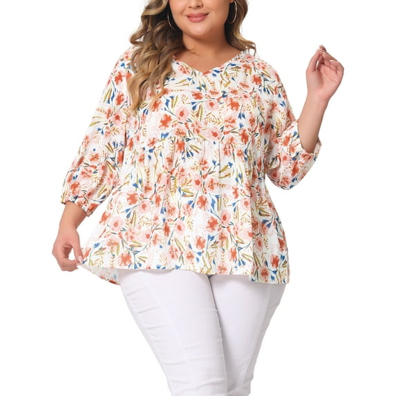 Agnes Orinda Women's Plus Size Babydoll Tops V Neck Floral Lantern 3/4 Sleeve Shirts Peplum Blouses 3X White Pink