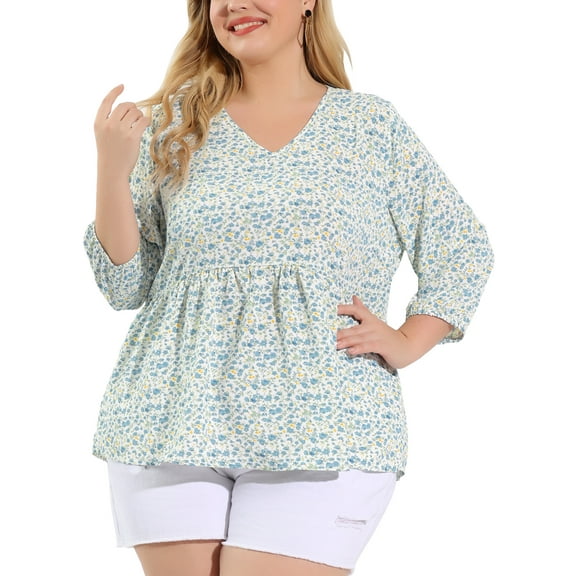 Agnes Orinda Women's Plus Size Babydoll Tops V Neck Floral Lantern 3/4 Sleeve Shirts Peplum Blouses 3X White