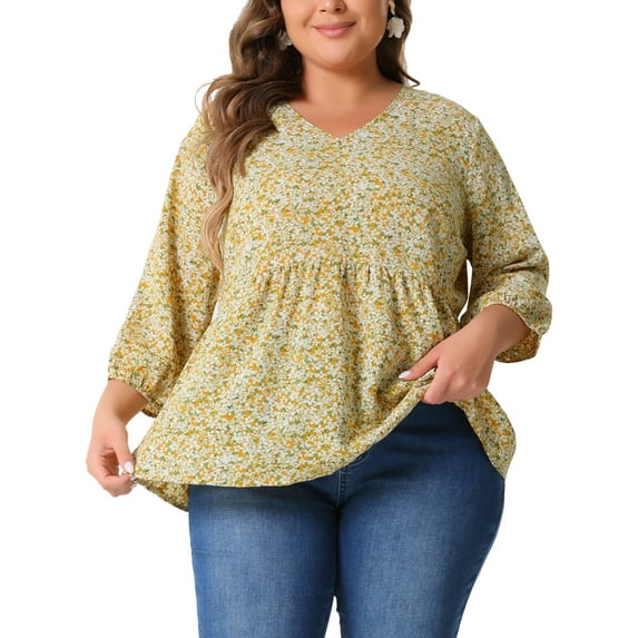 Agnes Orinda Women's Plus Size Babydoll Tops V Neck Floral Lantern 3/4 Sleeve Shirts Peplum Blouses 3X Yellow