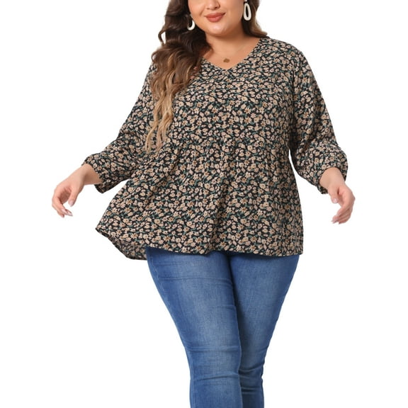 Agnes Orinda Women's Plus Size Babydoll Tops V Neck Floral Lantern 3/4 Sleeve Shirts Peplum Blouses 4X Black Orange
