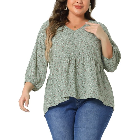 Agnes Orinda Women's Plus Size Mother's Day Babydoll Tops V Neck 3/4 Lantern Sleeves Floral Shirts Peplum Blouses 4X Green