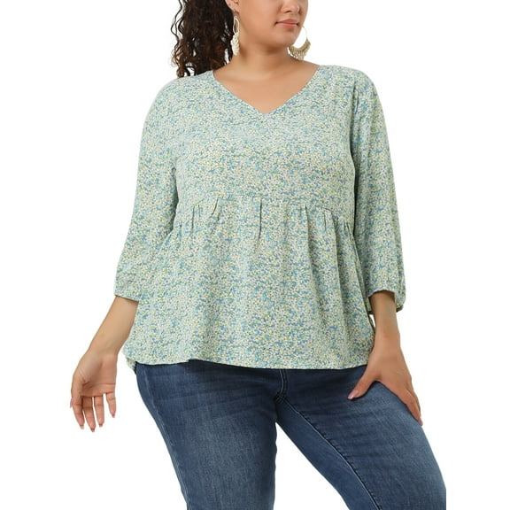 Agnes Orinda Women's Plus Size Babydoll Tops V Neck Floral Lantern 3/4 Sleeve Shirts Peplum Blouses 4X Light Blue