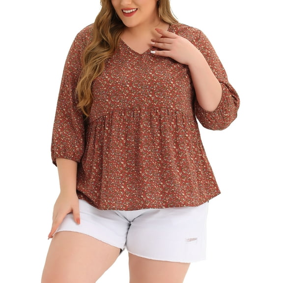 Agnes Orinda Women's Plus Size Babydoll Tops V Neck Floral Lantern 3/4 Sleeve Shirts Peplum Blouses 4X Red Brown