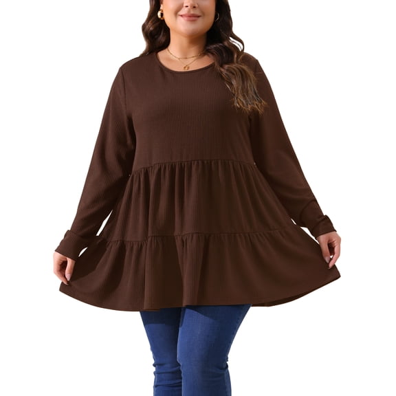 Agnes Orinda Women's Plus Size Babydoll Tops Long Sleeve Crew Neck Casual Loose Peplum Blouses Tunics 1X Brown