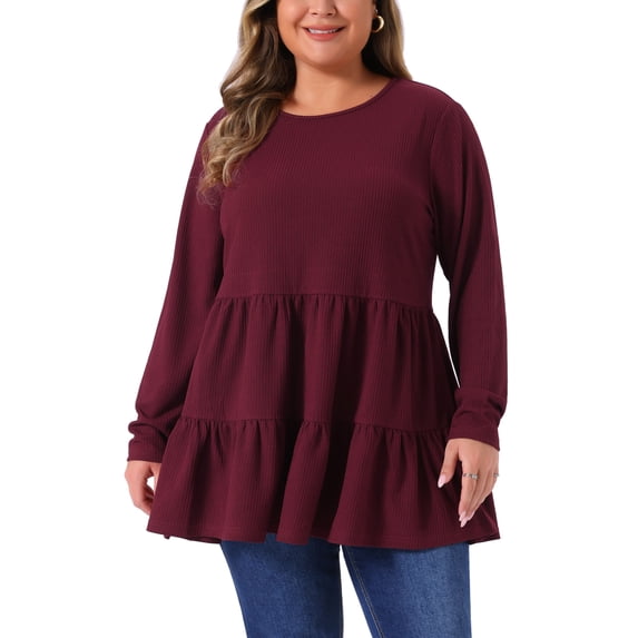 Agnes Orinda Women's Plus Size Babydoll Tops Long Sleeve Crew Neck Casual Loose Peplum Blouses Tunics 3X Burgundy