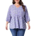 thumbnail image 1 of Agnes Orinda Women's Plus Size Babydoll Tops V Neck 3/4 Lantern Sleeves Floral Shirts Peplum Blouses 2X Purple, 1 of 6