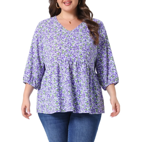 Agnes Orinda Women's Plus Size Babydoll Tops V Neck 3/4 Lantern Sleeves Floral Shirts Peplum Blouses 2X Purple