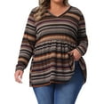 thumbnail image 1 of Agnes Orinda Women's Plus Size Babydoll Tops Vintage Striped Boho V Neck Long Sleeve Elastic Waist Casual Blouse 1X Brown, 1 of 6