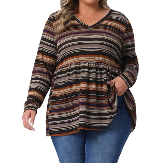 Agnes Orinda Women's Plus Size Babydoll Tops Vintage Striped Boho V Neck Long Sleeve Elastic Waist Casual Blouse 1X Brown