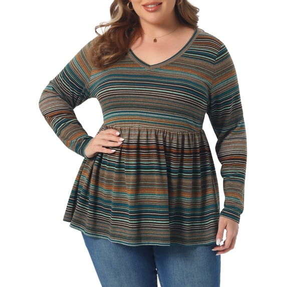 Agnes Orinda Women's Plus Size Babydoll Tops Vintage Striped Boho V Neck Long Sleeve Elastic Waist Casual Blouse 3X Orang Brown