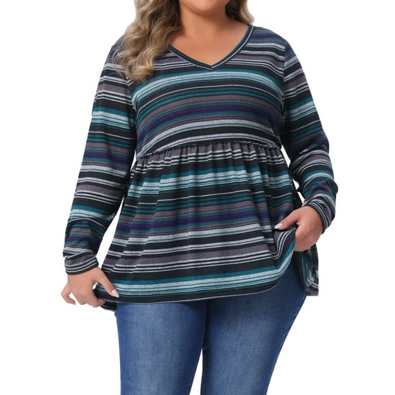 Agnes Orinda Women's Plus Size Babydoll Tops Vintage Striped Boho V Neck Long Sleeve Elastic Waist Casual Blouse 4X Blue