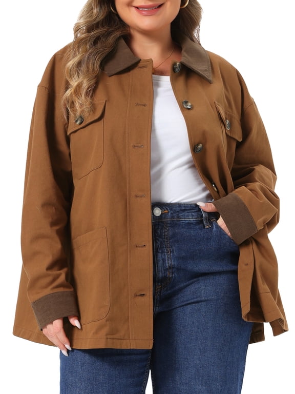Women's Plus Size Halloween Outfits Barn Jacket Utility Shacket Corduroy Collar Cuffs Long Sleeve Button Down Casual Cargo Coat with Pocket 3X Brown