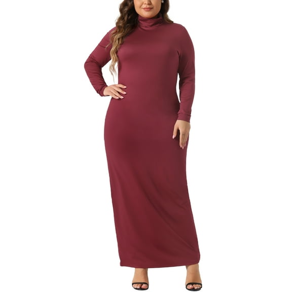 Agnes Orinda Women's Plus Size Basic Maxi Dresses Turtleneck Long Sleeve Bodycon Party Long Pencil Dress 3X Burgundy