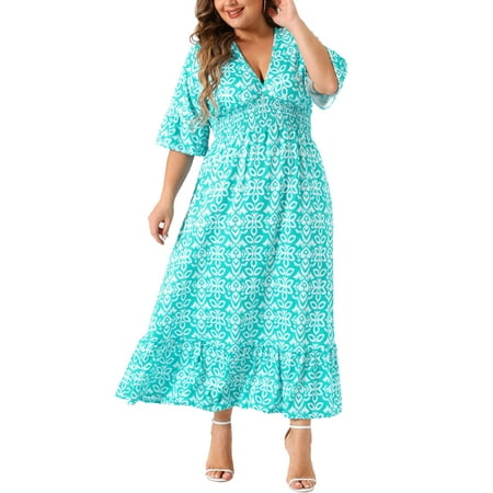 Agnes Orinda Women's Plus Size Bell Half Sleeves V Neck Boho A Line Long Dresses 1X Lake Green