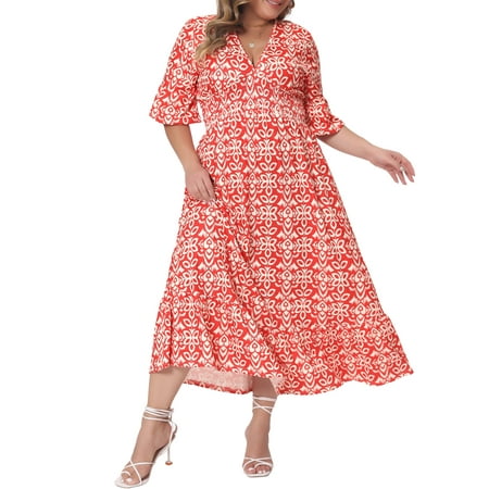 Agnes Orinda Women's Plus Size Bell Half Sleeves V Neck Boho A Line Long Dresses 1X Red