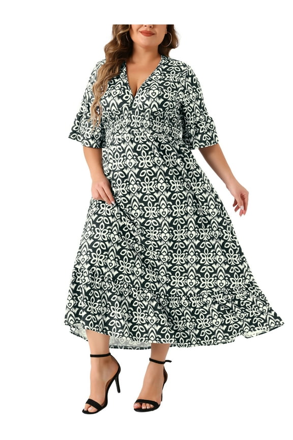 Women's Plus Size Bell Half Sleeves V Neck Boho A Line Long Dresses 2X Black