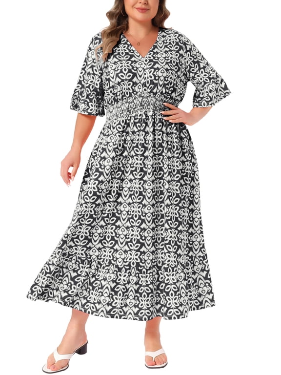 Women's Plus Size Bell Half Sleeves V Neck Boho A Line Long Dresses 2X Black