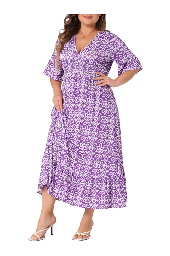 Women's Plus Size Boho Dresses V Neck Bell Half Sleeves Ruffled Hem A Line Maxi Dresses 2X Purple