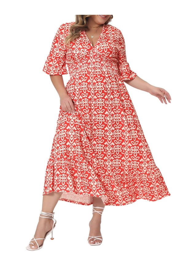 Women's Plus Size Bell Half Sleeves V Neck Boho A Line Long Dresses 2X Red