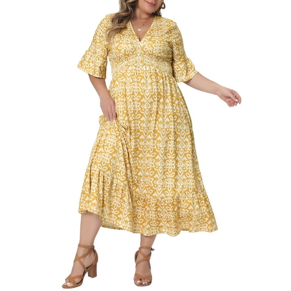 Agnes Orinda Women's Plus Size Bell Half Sleeves V Neck Boho A Line Long Dresses 2X Yellow