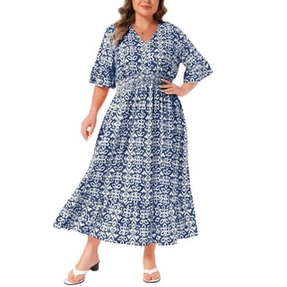 Agnes Orinda Women's Plus Size Bell Half Sleeves V Neck Boho A Line Long Dresses 3X Navy Blue