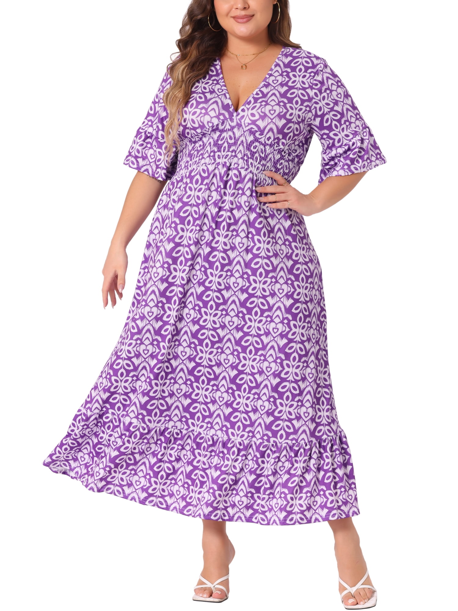 Agnes Orinda Women's Plus Size Bell Half Sleeves V Neck Boho A Line ...