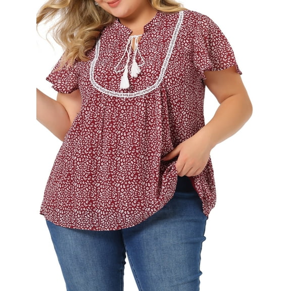 Agnes Orinda Women's Plus Size Bib Peasant Ditsy Floral Tie Neck Keyhole Chiffon Blouse 2X Red