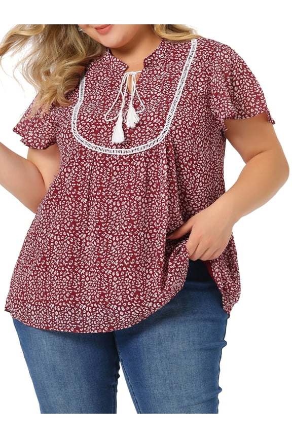 Women's Plus Size Bib Peasant Ditsy Floral Tie Neck Keyhole Chiffon Blouse 4X Red