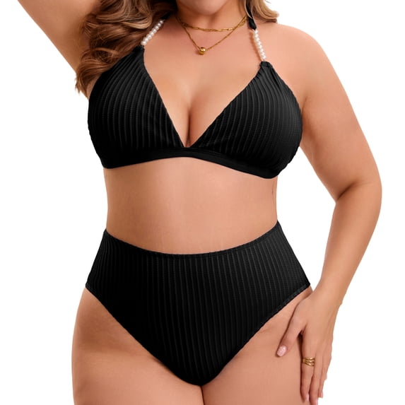 Agnes Orinda Women's Plus Size Bikini Set Ribbed Two Piece Bathing Swimsuits Halter Pearl Strap Triangle Top with High Waisted Shorts 1X Black
