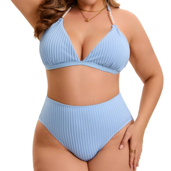 Agnes Orinda Women's Plus Size Bikini Set Ribbed Two Piece Bathing Swimsuits Halter Pearl Strap Triangle Top with High Waisted Shorts 3X Light Blue