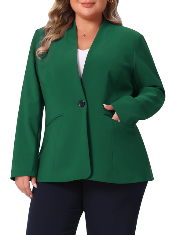 Women's Plus Size Blazer Button Down Collarless Long Sleeve Business Casual Jacket with Pockets 1X Dark Green