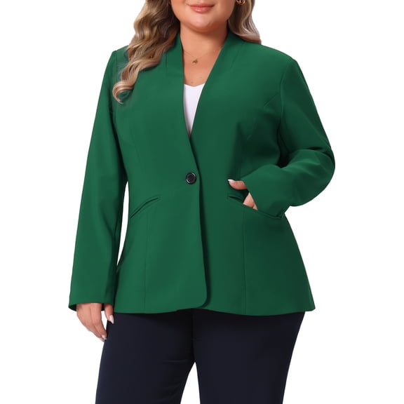 Agnes Orinda Women's Plus Size Blazer Button Down Collarless Long Sleeve Business Casual Jacket with Pockets 2X Dark Green