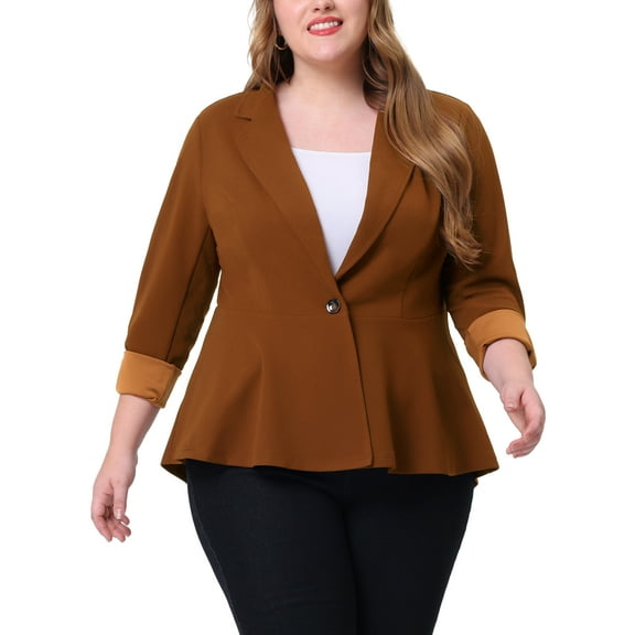 Agnes Orinda Women's Plus Size Blazer Button Notch Panel Ruffle Peplum Blazers with Pocket 1X Brown