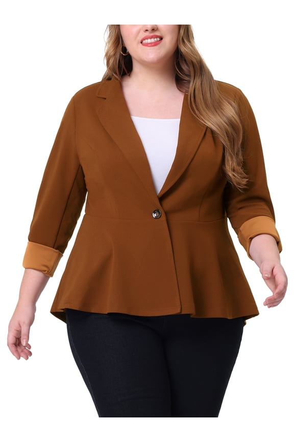 Women's Plus Size Blazer Button Notch Panel Ruffle Peplum Blazers with Pocket 4X Brown