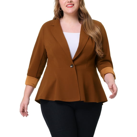 Agnes Orinda Women's Plus Size Blazer Button Notch Panel Ruffle Peplum Blazers with Pocket 4X Brown