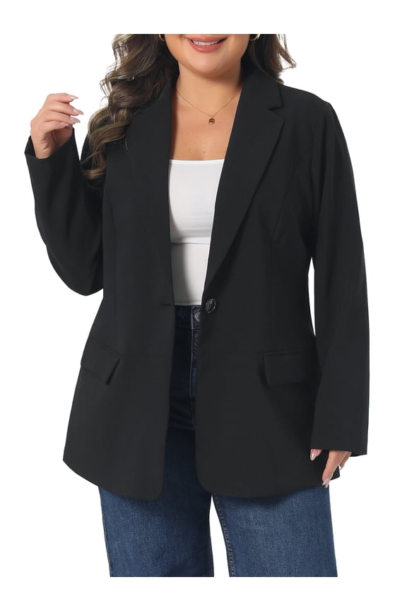 Women's Plus Size Blazer Lapel Long Sleeves Button Down Business Casual Suit Jacket with Pockets 3X Black